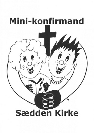 Stregtegning af to børn med et kors og et hjerte for "Mini-konfirmand."